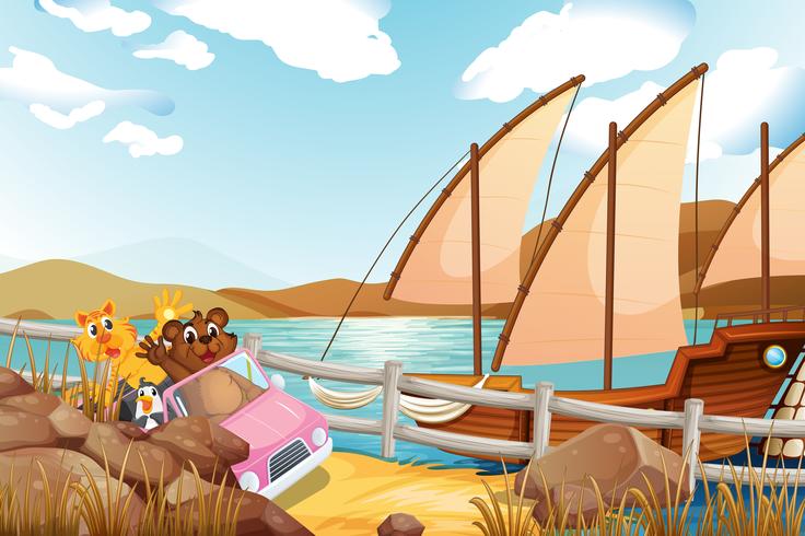 A pink car with animals at the riverbank with a ship vector