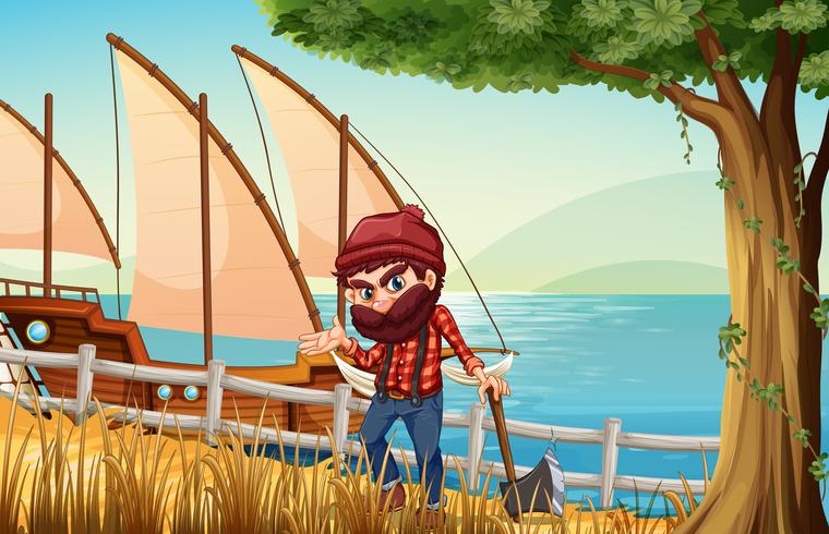 A lumberjack standing at the riverbank with a wooden ship vector