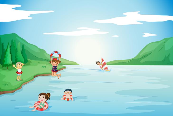 kids swimming in water vector