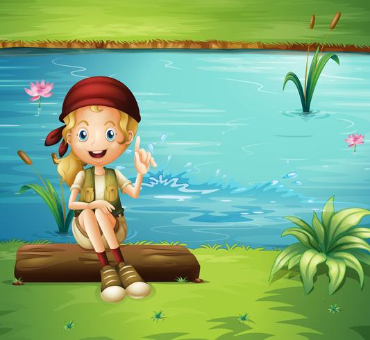 A girl sitting above a log at the riverbank vector