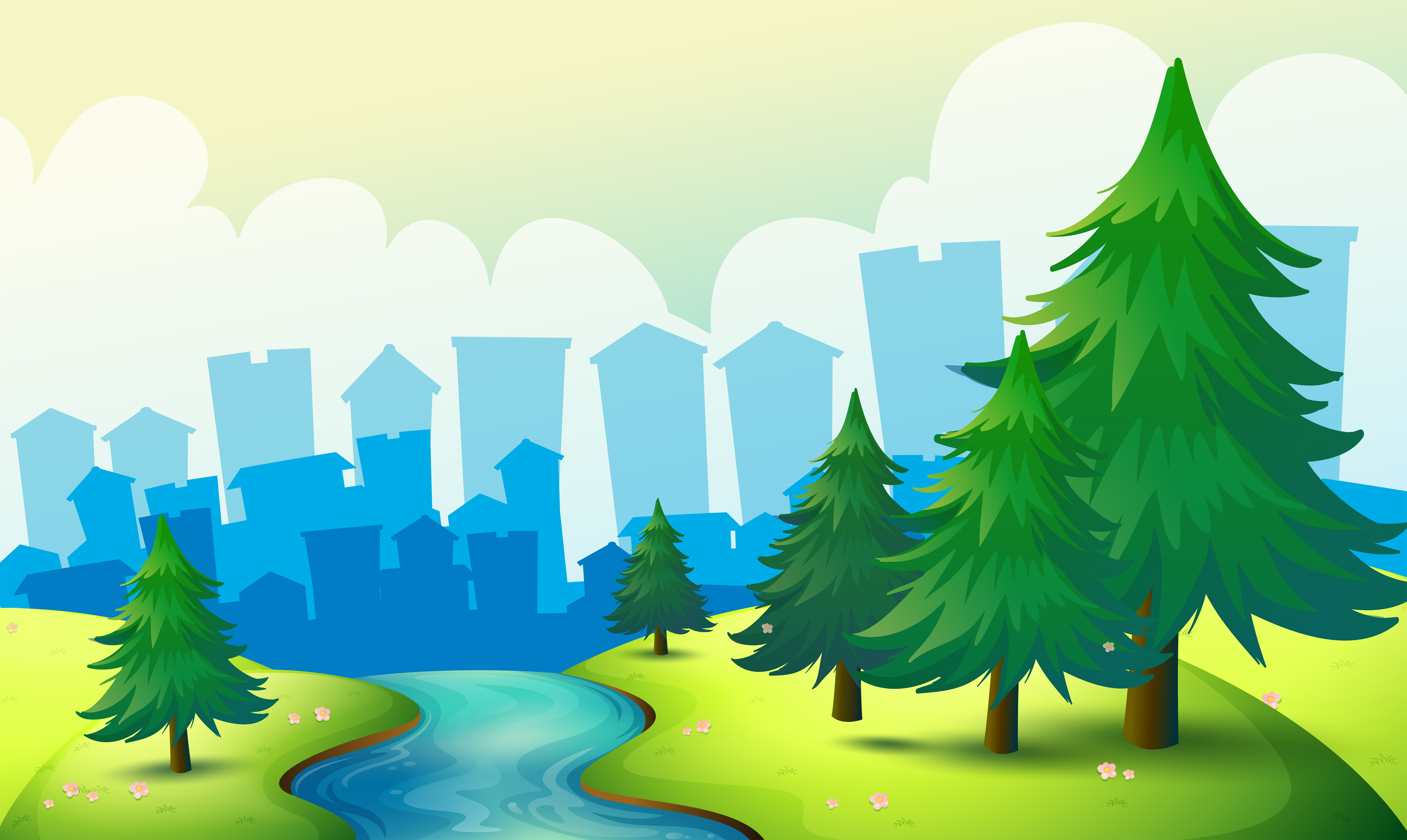 A flowing river at the hill with pine trees 521271 Vector Art at Vecteezy