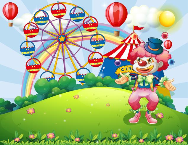 A clown juggling at the hilltop across the carnival vector