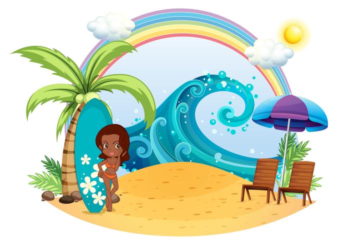 A tan girl at the beach with a surfing board vector