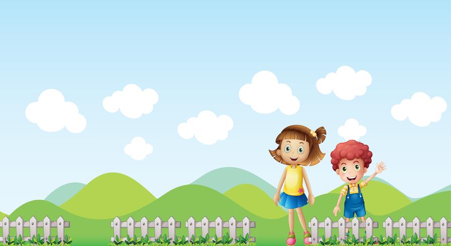 A girl and a boy in a mountain scenery vector