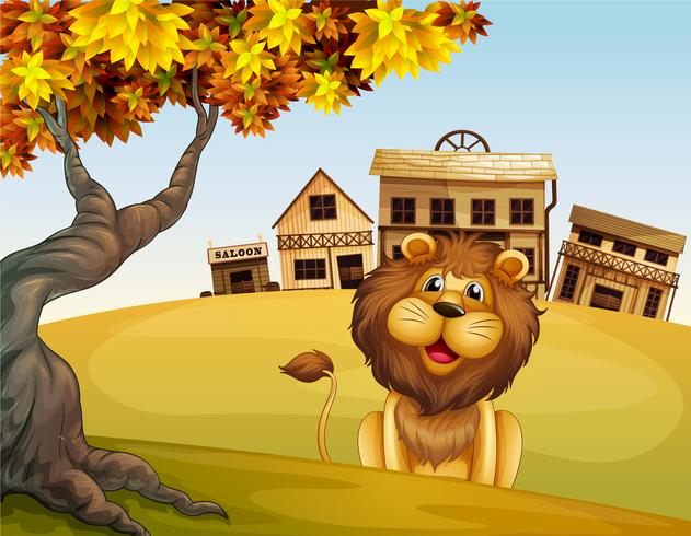 A lion in front of a wooden house vector