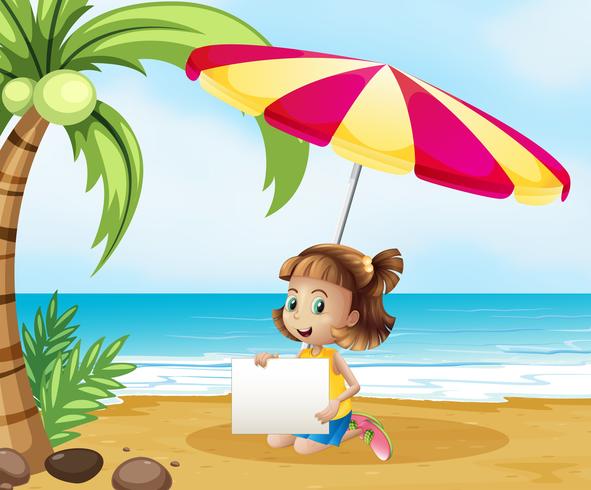 A girl at the beach under the umbrella with an empty signboard vector