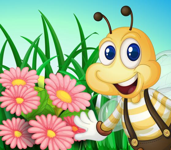 Una abeja feliz en el jardín. vector