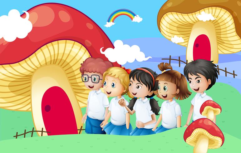 Five students near the giant mushroom houses vector
