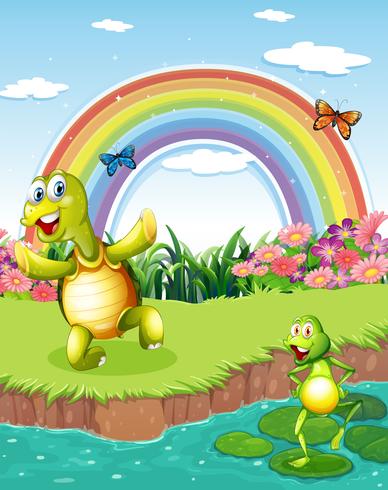 A turtle and a frog playing at the pond with a rainbow above vector