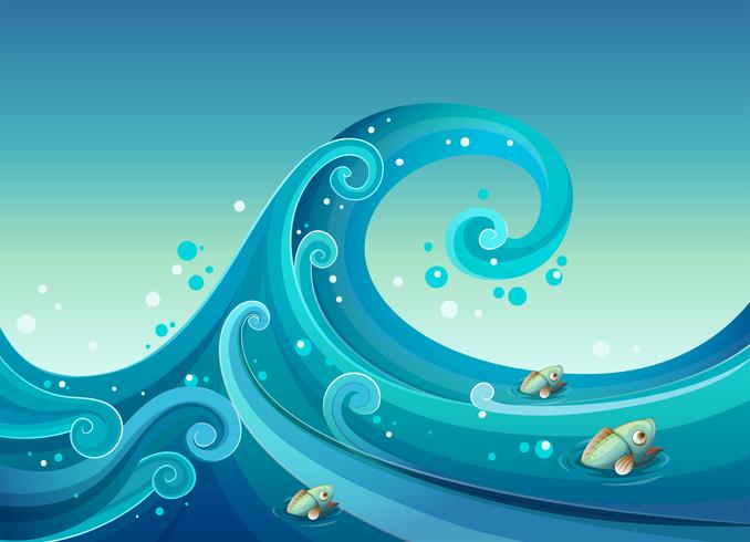 A big wave in the sea with fishes vector