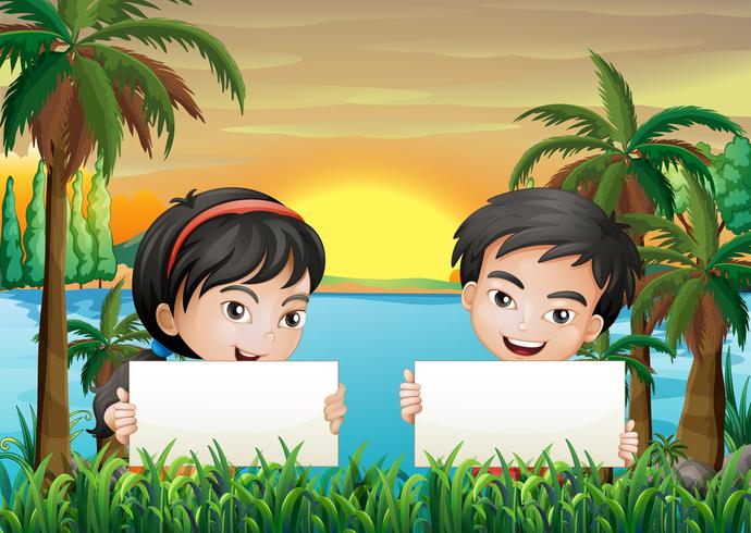 Two smiling kids at the riverbank holding two empty signboards vector