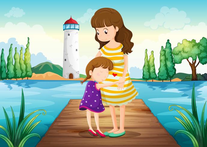 A young girl hugging her mother at the bridge vector