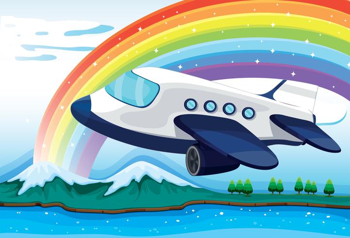 Un avión cerca del arco iris. vector