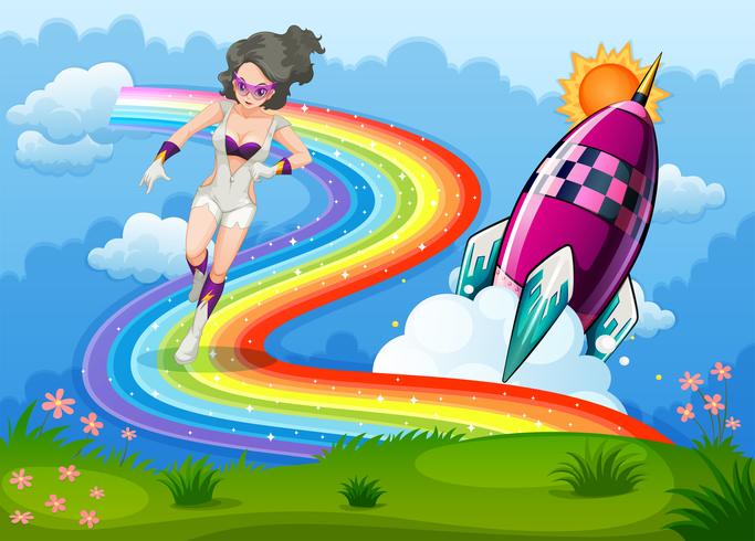A superhero above the rainbow and a rocket vector