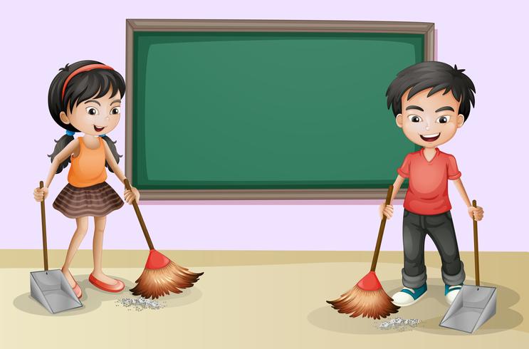 Kids cleaning near the empty board vector