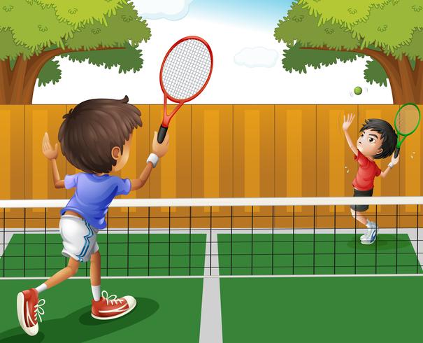 Dos niños jugando al tenis vector