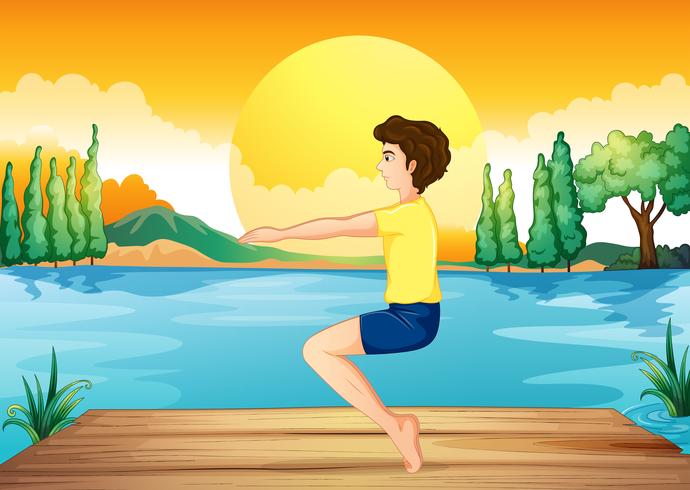 A boy exercising near the deep river vector