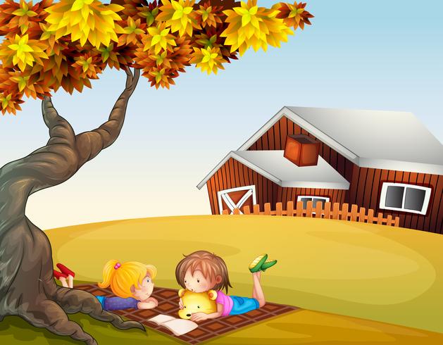 Kids reading under a big tree vector