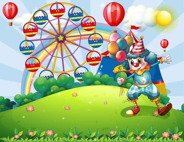 A clown at the hilltop with an amusement park and a rainbow vector