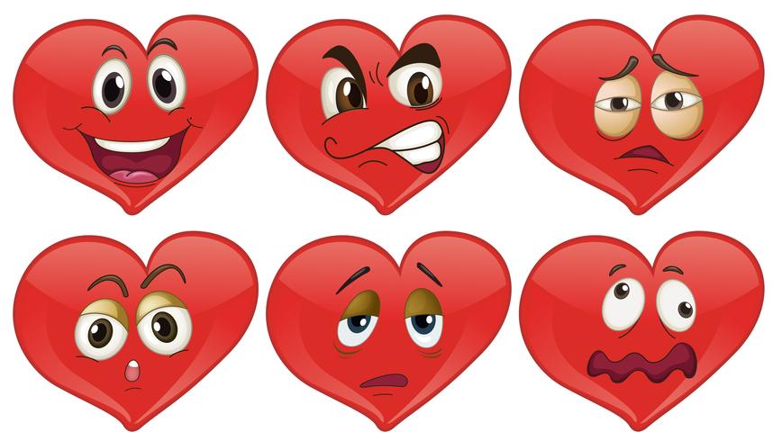 Corazones rojos con expresiones faciales. vector