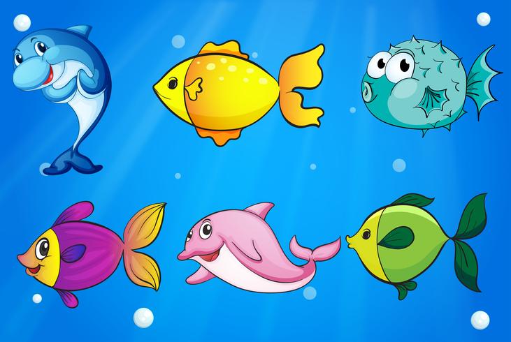 Seis peces diferentes bajo el mar. vector