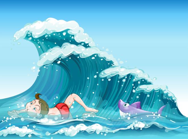 A boy swimming with a shark at the back  vector