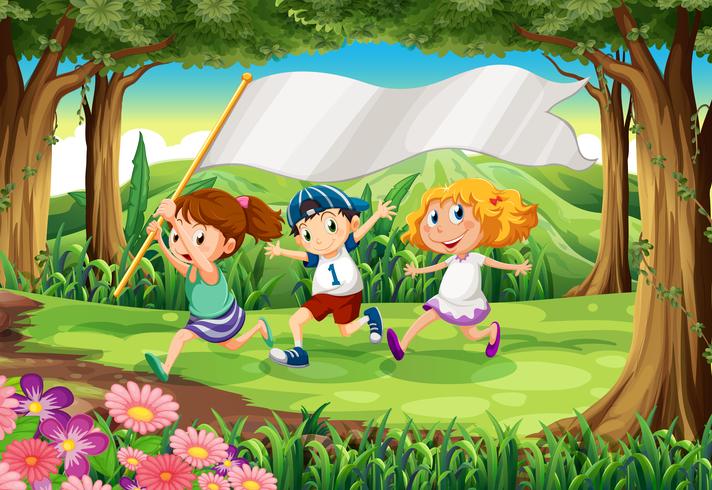 A jungle with three kids with an empty banner vector