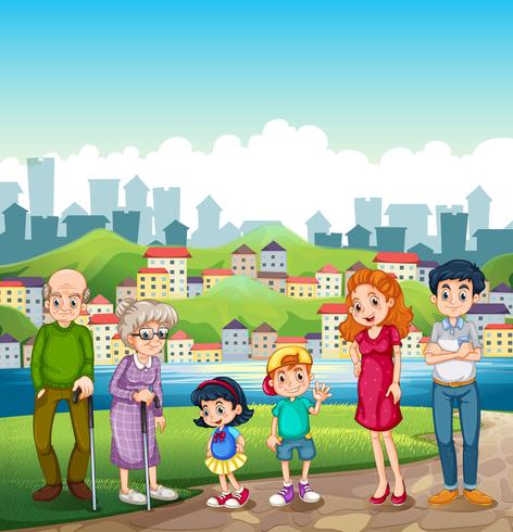 A big happy family standing at the riverbank across the village vector