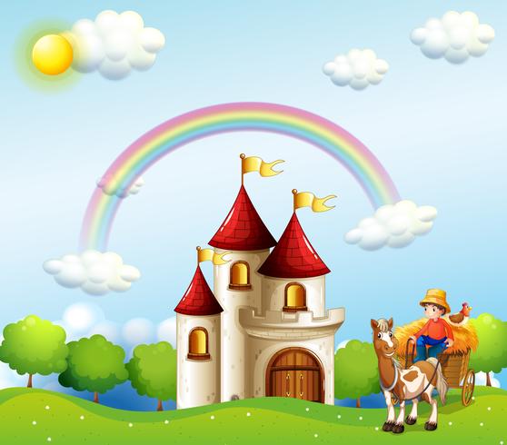 A farm boy above the hills near a castle vector