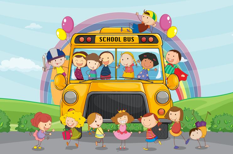 niños y autobús escolar vector