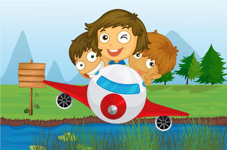 Happy kids riding on a plane vector