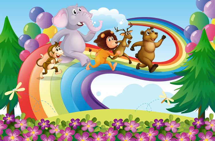 A group of animals at the rainbow