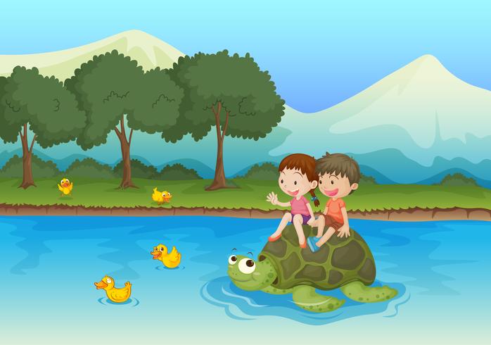 kids on tortoise vector