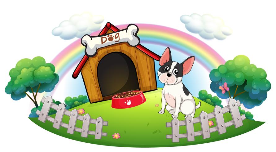 A dog with a dog house and a dog food inside the fence vector