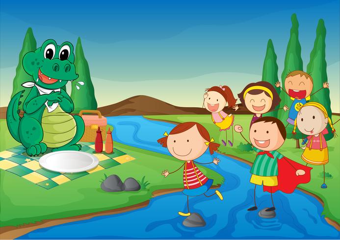 kids and crocodile at picnic vector