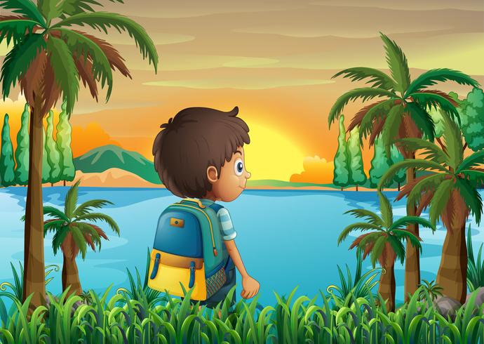 A boy with a bag watching the sunset vector