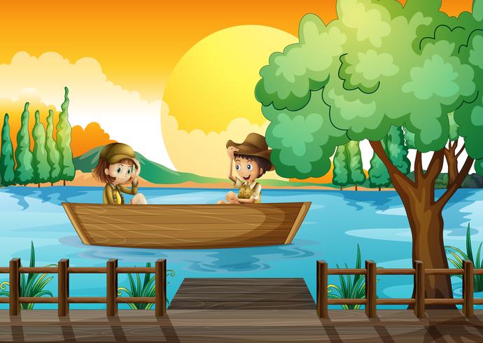 A boy and a girl at the boat vector