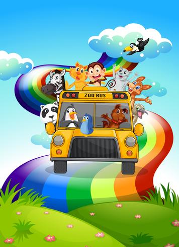 A zoo bus travelling through the rainbow road vector