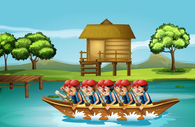 A group of men boating vector