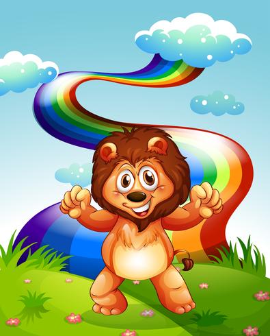 Un león feliz en la cima de la colina con un arco iris en el cielo vector