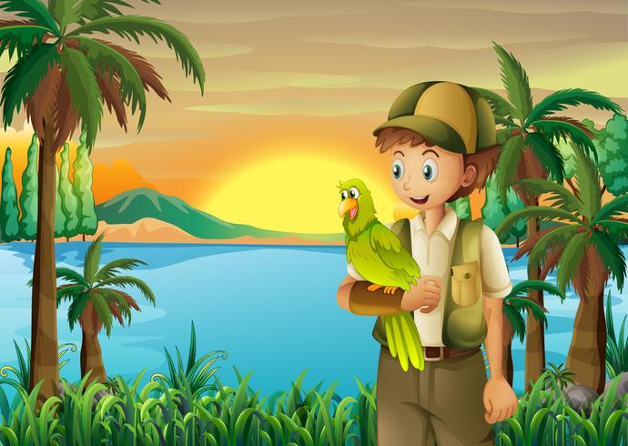 A boy with a parrot at the riverbank vector