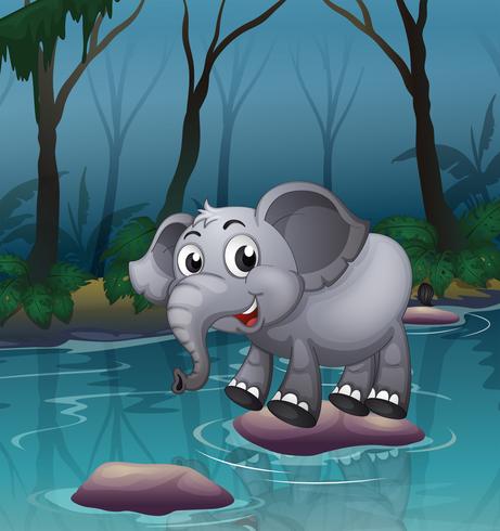 Un elefante cruzando el río por medio de las grandes piedras. vector