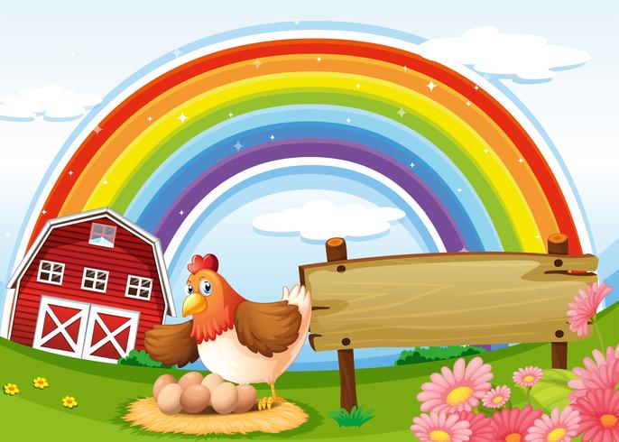 A farm with a rainbow and an empty signboard vector