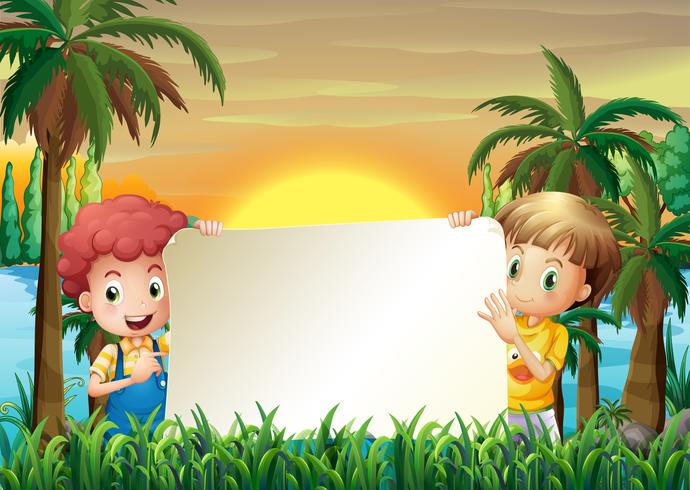 Two kids at the riverbank holding an empty signage vector