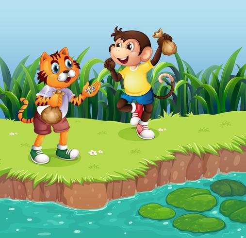 A monkey and a tiger playing vector