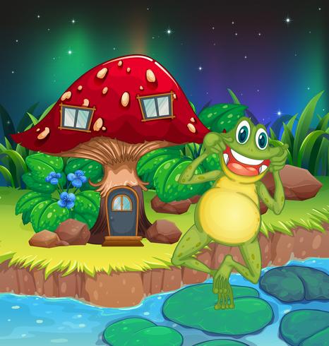 An annoying frog near the red mushroom house vector