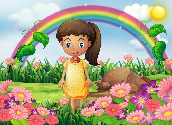 Una niña en el jardín con un arco iris en la espalda. vector