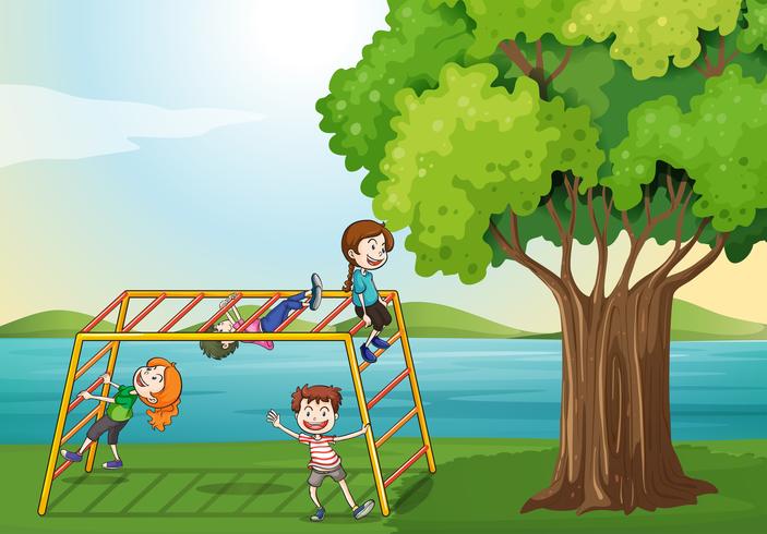 Kids climbing near the tree vector