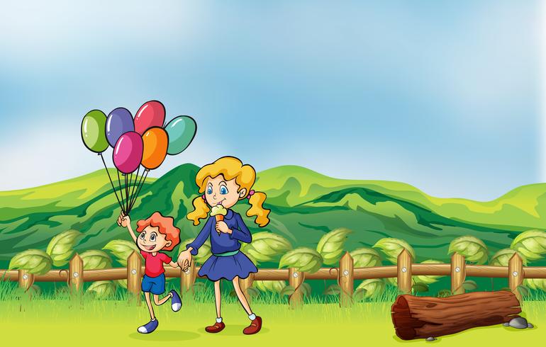 A happy child with balloons and a girl eating an ice cream vector