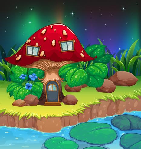 A red mushroom house near the river with waterlilies vector